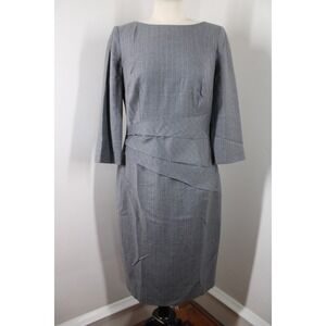Hobbs London US 8 Gray Wool Blend Pinstripe Midi Sheath Dress 3/4 Sleeve